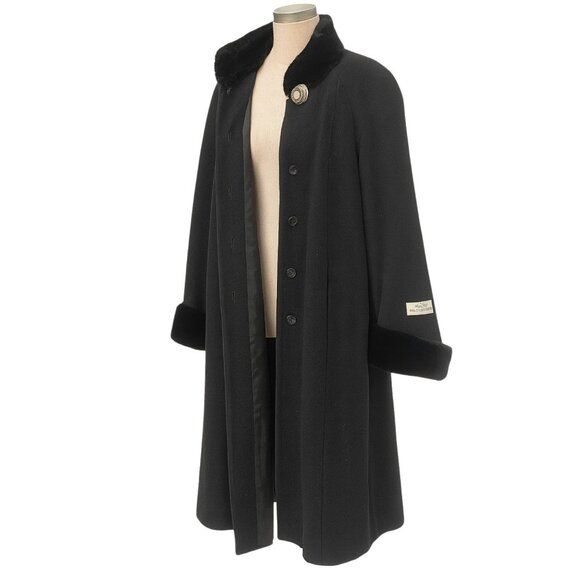 John Weitz Vintage Wool Long Trench Coat | Black | Fur Collar | Fur Cuffs | 12P - Picture 3 of 6
